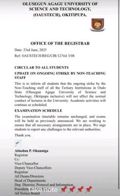OAUSTECH issues update to students on ongoing strike by non-teaching staff