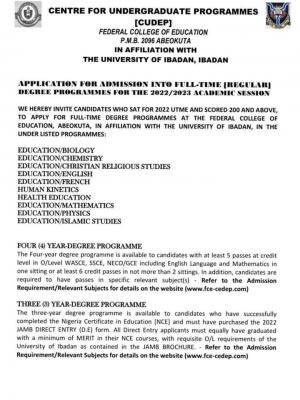 FCE Abeokuta Affliated with University of Ibadan Degree Admission Form 2022/2023