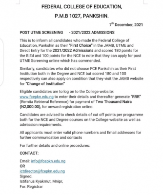 FCE, Pankshin admission form for 2021/2022 session