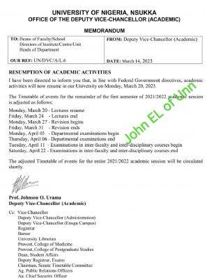 UNN notice on resumption of academic activities