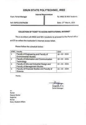 OSPOLY notice to HND 2 and ND 2 students on issuance of internet access tickets