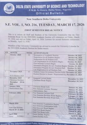 Southern Delta University notice on First Semester break