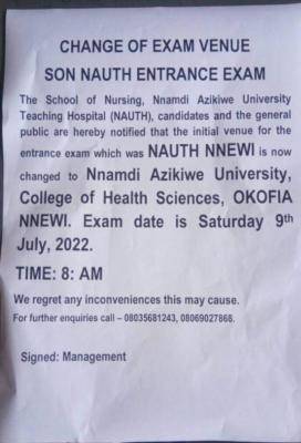 SON NAUTH notice on change in venue of entrance examination
