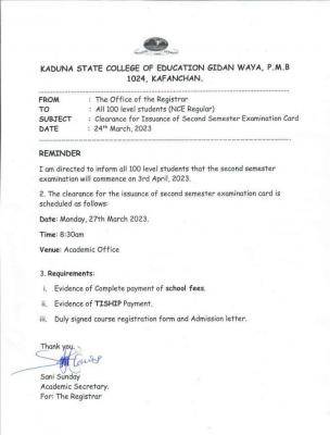KSCOE notice on clearance for issuance of 2nd semester examination card