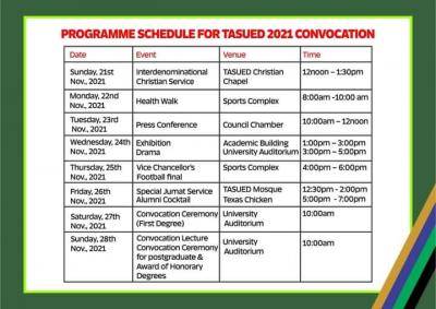 TASUED schedule of events for the 2021 convocation ceremony