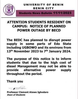 UNIBEN notice to students resident on campus