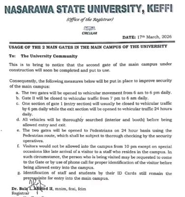 NSUK notice regarding the usage of the main gates in the Main Campus