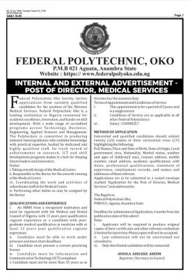 Federal Polytechnic, Oko Job advertisement for the position of Director of Medical Services