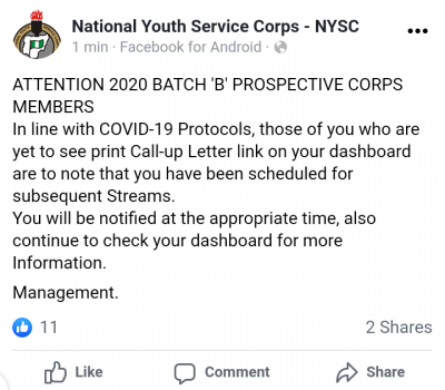 NYSC notice to 2020 batch 