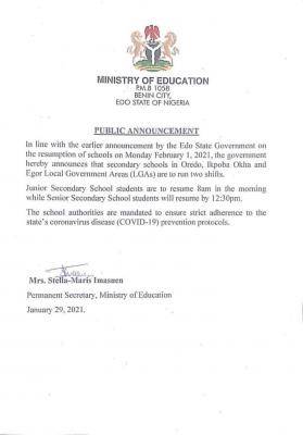 Edo State to run two shifts in some secondary schools