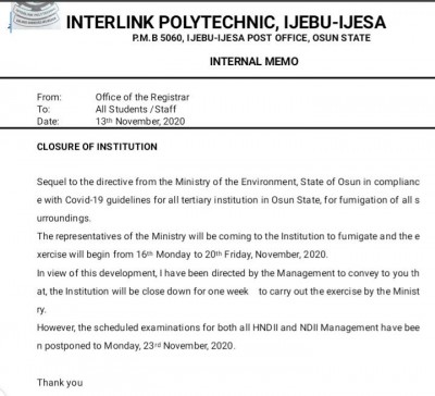 Interlink Polytechnic announces temporary closure of the institution