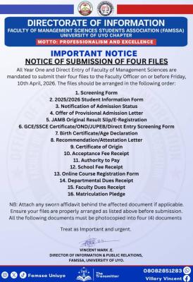 UNIUYO Faculty of Management Sciences Students Association notice to new students