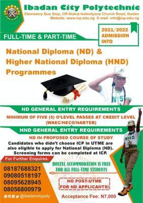 Ibadan City Polytechnic ND and HND Admission (Full-time and Part-time), 2021/2022