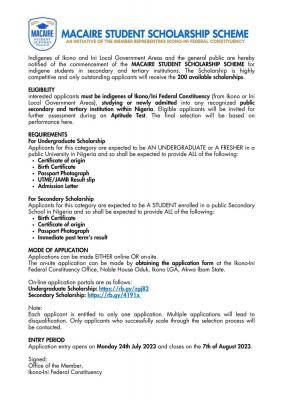 Macaire Students Scholarship Scheme application form for Akwa Ibom indigenes