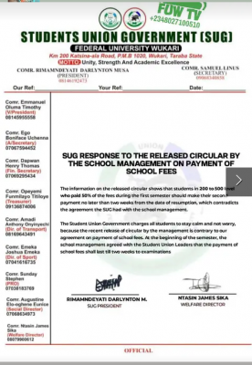 FUWUKARI SUG response to the released circular by  school management on payment of school fees