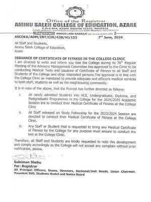 Aminu Saleh COE notice on issuance of certificate of fitness in the college clinic