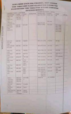 AkwaPoly 2nd semester examination time-table, 2019/2020