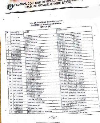 FCE (T) Gombe Pre-NCE admission list for 2020/2021