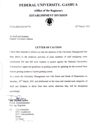 Federal University, Gusau letter of caution to staff and students