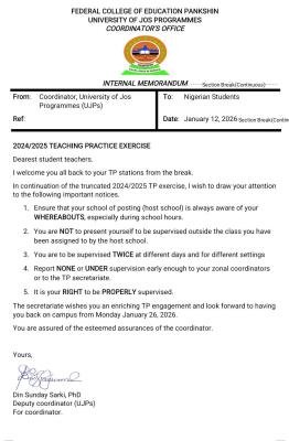 Federal College of Education, Pankshin notice on teaching practice exercise, 2024/2025