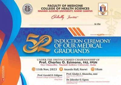 UNIZIK announces 52nd Induction Ceremony for Medical graduands
