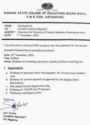Kaduna COE clearance for issuance of 2nd semester examination card