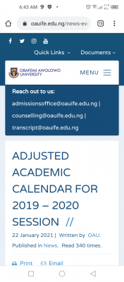 OAU adjusted academic calendar for 2019/2020 session