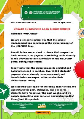 FUNAAB SUG notice on commencement of NELFUND Disbursement