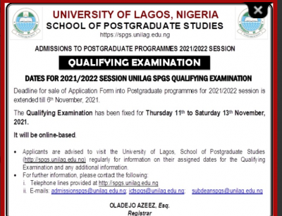 UNILAG announces date for postgraduate qualifying exam, 2021/2022
