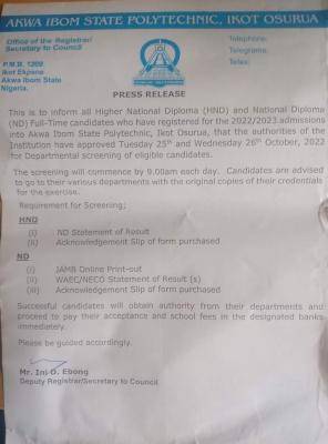 Akwa Poly ND/HND screening date, 2022/2023