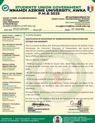 UNIZIK SUG notice on Adjustment of Transportation Fares within and outside Campus