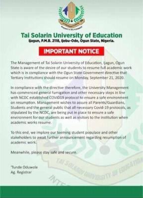TASUED notice to parents and students ahead of resumption