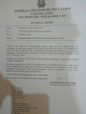 FCE Zaria notice on commencement of psychometric registration exercise