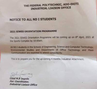 Fed Poly Ado-Ekiti notice on SIWES orientation