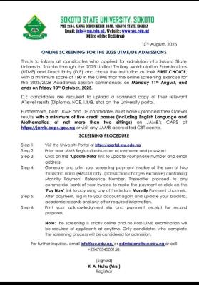 SSU Post-UTME/DE 2025: Cut-off mark, Eligibility and Registration details