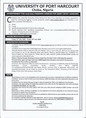 UNIPORT Direct Entry Admission form, 2025/2026