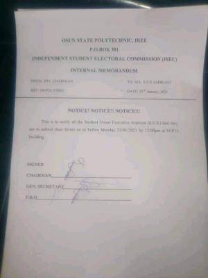 OSPOLY ISEC notice to Student Union Executive Aspirants