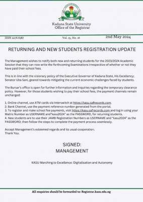 KASU update on returning and new students' registration