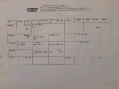 FULokoja lecture time table for 1st semester 2021/2022 session