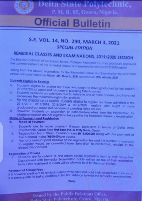 Delta Poly, Ozoro notice on commencement of remedial classes and examination, 2019/2020