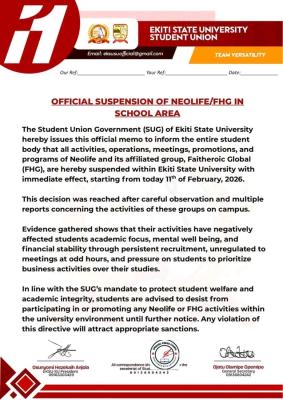 EKSU SUG suspends activities of NEOLIFE and its affiliate within the campus