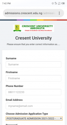 Crescent University Postgraduate Admission Form For 2021/2022 Session
