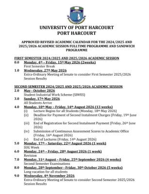 UNIPORT releases revised academic calendar, 2025/2026