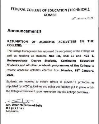 FCE Technical, Gombe resumption notice