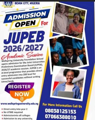 Wellspring University JUPEB Admission form, 2026/2027