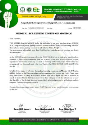 FUOYE SUG notice to new students on medical screening