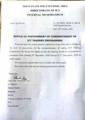 Osun State Polytechnic Iree ICT Training programme postponed