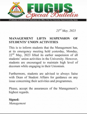 FUGUSAU management lifts suspension on Students' Union activities