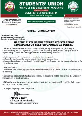 UNIUYO SUG announces alternative course registration for delayed portal uploads