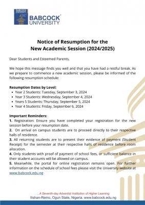 Babcock University notice on resumption for the New Academic Session (2024/2025)